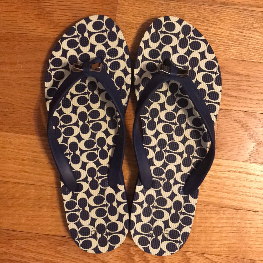 Coach Navy Flip Flops with Silver Bow